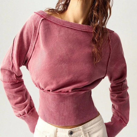 Pink Casual Women's Knitted Long Sleeve Cropped Loose Pullover Sweater - Picture 3 of 8